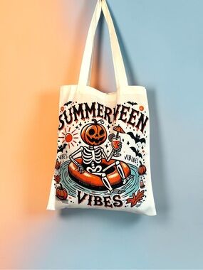 Pumpkin Head Floating Skeleton Tote Bag - Polyester